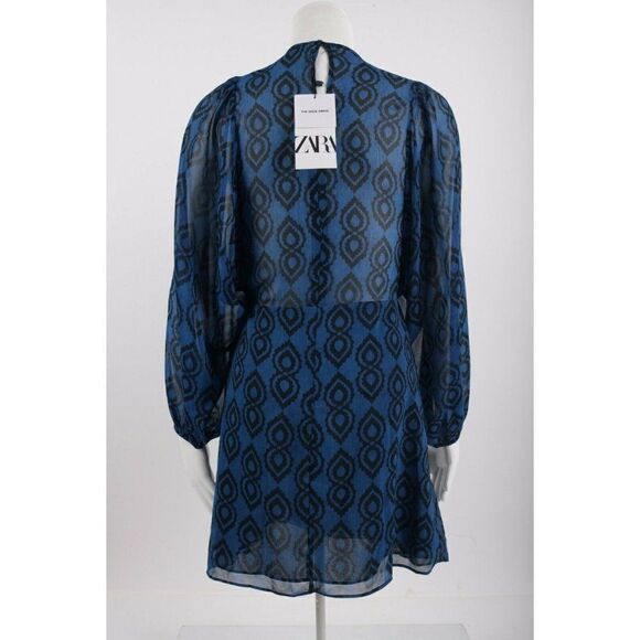 Zara Womans Mini Sadie Dress Printed S Blue Black Balloon Sleeve 2183/261 NWT - Picture 6 of 7